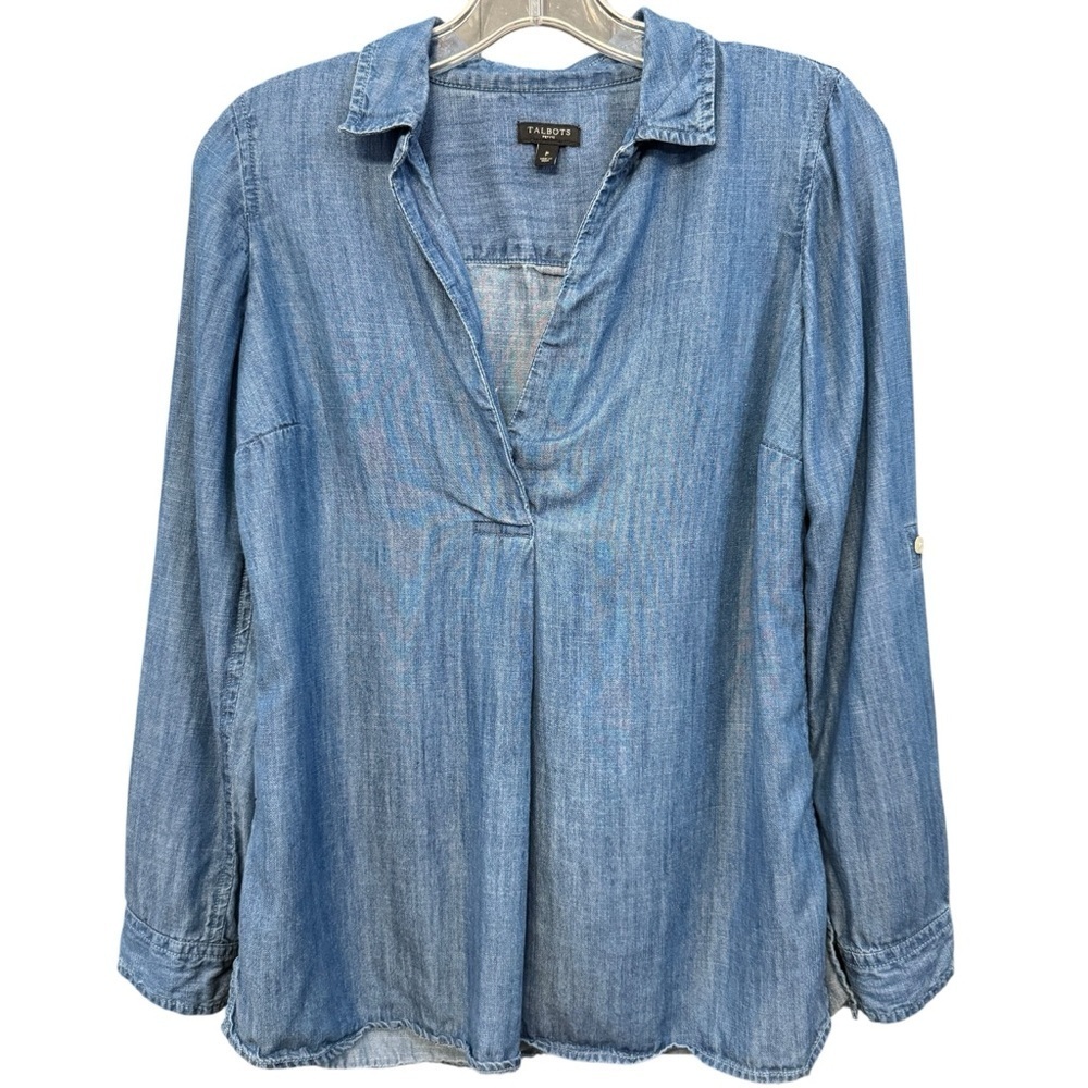 Talbots Petite Chambray Tencel Long Sleeve Button Back Top Size P